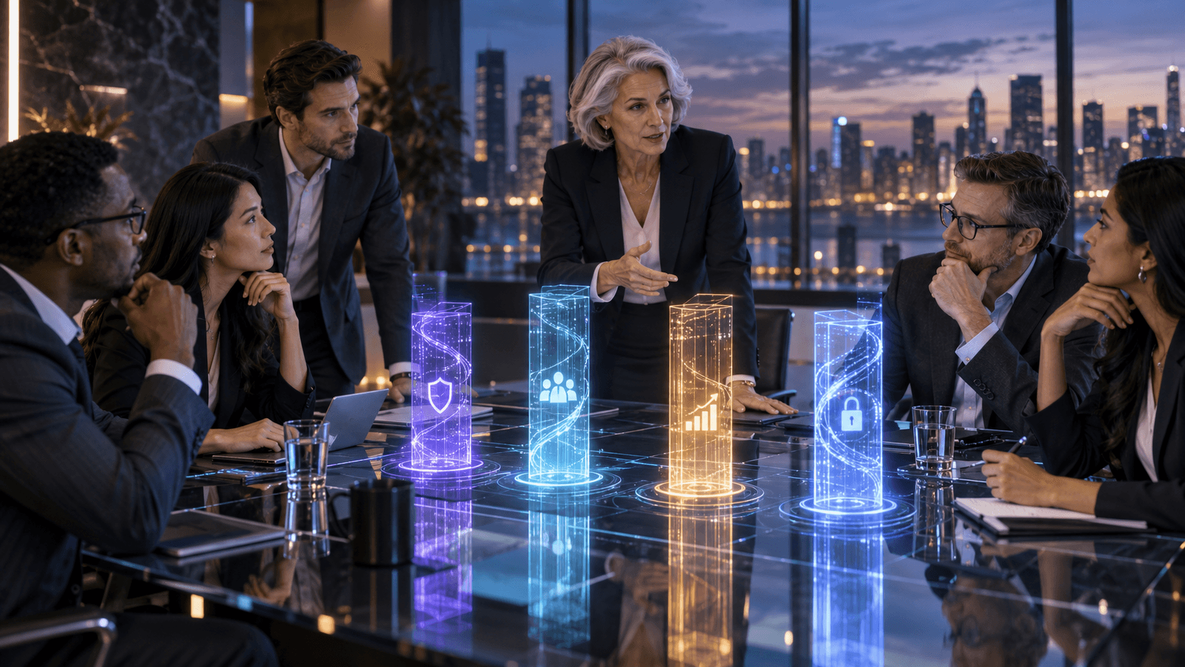 Executive team reviewing holographic enterprise AI analytics with security, growth, and data protection metrics