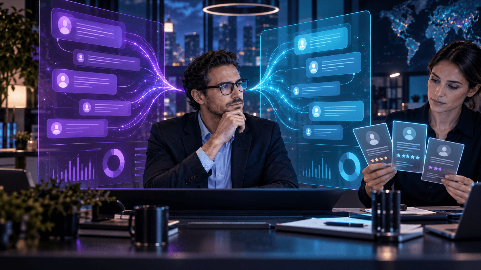 Professionals reviewing holographic lead qualification data and AI-powered customer ratings