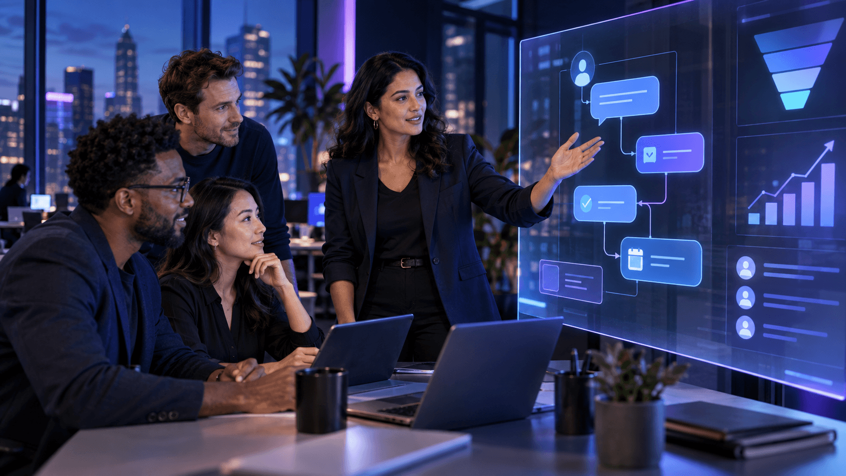 Business team collaborating around a holographic AI chatbot workflow with lead qualification and calendar booking
