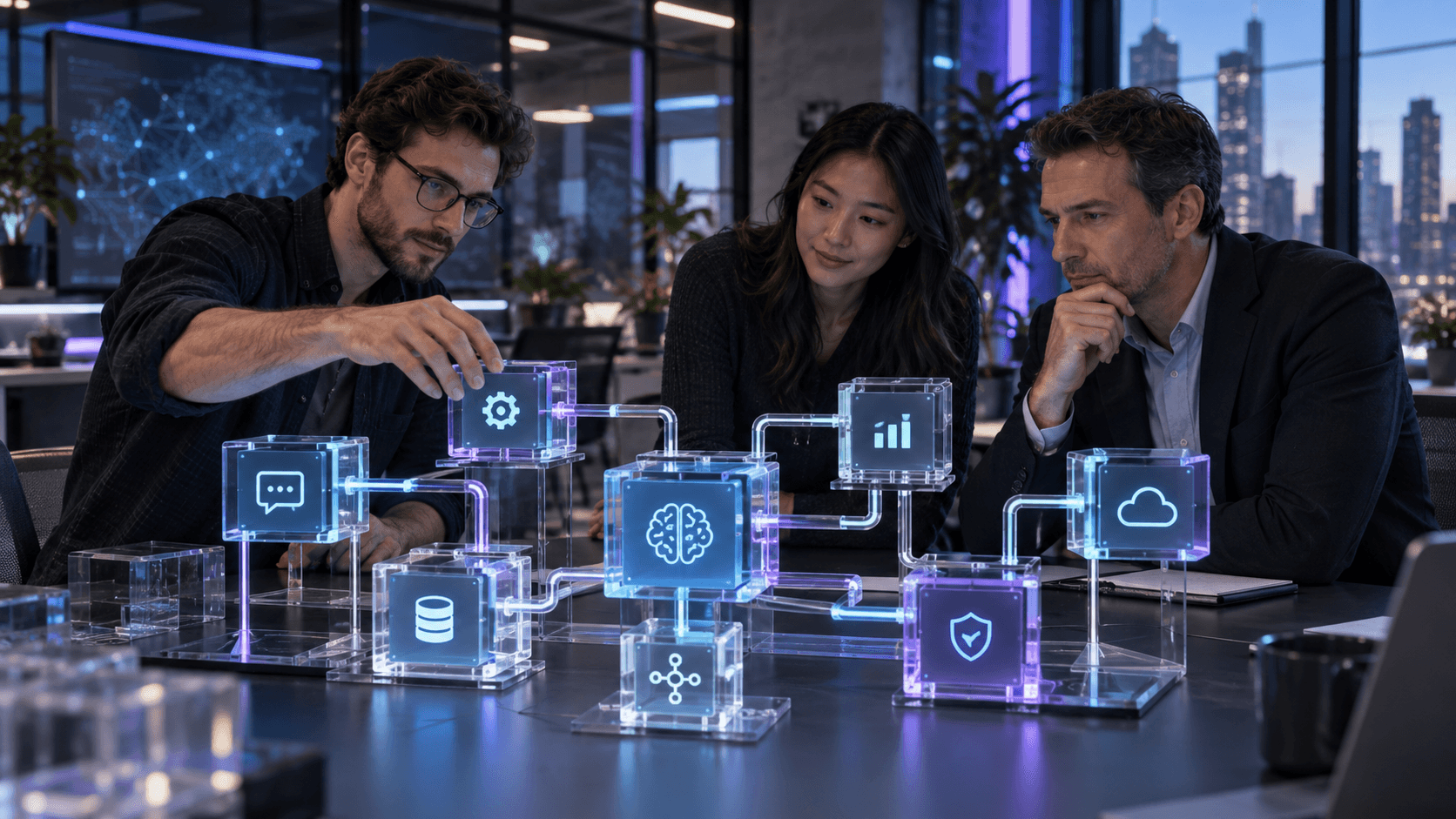 Team building modular AI business systems with holographic brain, chat, database, and cloud icons